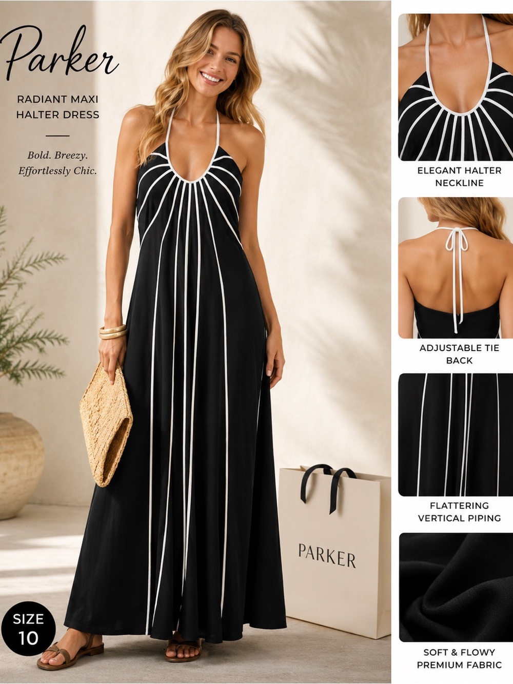 Parker Black Halter Linen Maxi Dress with White Piping